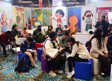 NEW DELHI INDIA FEBRUARY 10 2024 People take rests having refreshment during World Book Fair at Pragati Maidan on February 10 2024 in New Delhi India This edition of the book fair is spread over 50000 sq meters and is set to be the biggest book fair  clipart