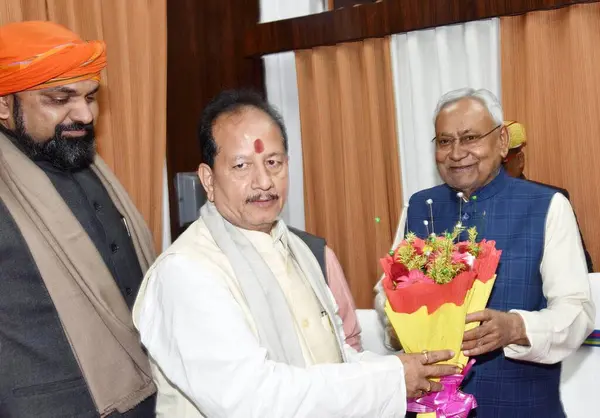 stock image PATNA INDIA FEBRUARY 12 2024 Bihar Deputy Chief Minister Vijay Sinha and Samrat Choudhary greets Bihar Chief Minister Nitish Kumar during the first day of Budget Session at Bihar Legislative Council on February 12 2024 in Patna India Photo by Santosh