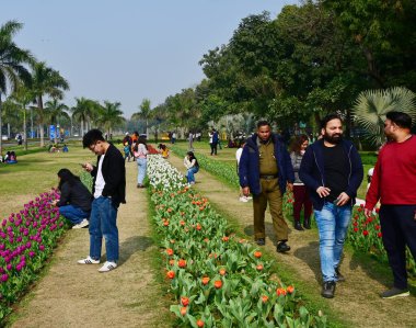 NEW DELHI INDIA 14 FEBRUARY 2024 İnsanlar 14 Şubat 2024 'te Shantipath' te Yeni Delhi Belediyesi NDMC tarafından düzenlenen Bahar Mevsimleri Lale Festivali 'ne tanıklık etmek için bir araya geldiler.