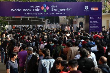 NEW DELHI INDIA FEBRUARY 17 2024 People in large numbers visit the World Book fair on weekend at Pragati Maidan on February 17 2024 in New Delhi India This edition of the book fair is spread over 50000 sq meters and is set to be the biggest book fair clipart