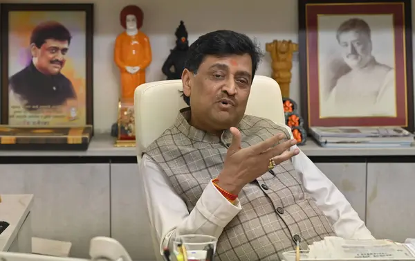 stock image MUMBAI INDIA FEBRUARY 15 2024 BJP leader Ashok Chavan during interview at his office at Churchgate on February 15 2024 in Mumbai India The seasoned politician who has served as the chief minister of Maharashtra and held key positions within the Congr