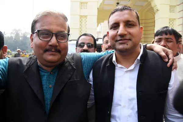 stock image PATNA INDIA FEBRUARY 15 2024 RJD candidates Manoj Jha and Sanjay Yadav after filling their nomination papers for the Rajya Sabha election at Bihar Assembly on February 15 2024 in Patna India Photo by Santosh Kumar Hindustan Times