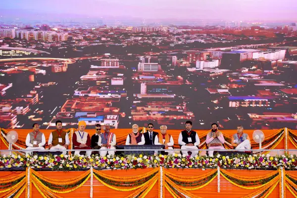 stock image REWARI INDIA FEBRUARY 16 2024 Prime Minister Narendra Modi and Haryana Chief Minister Manohar Lal Khattar during the inaugurates lays foundation stone of countrys 22nd All India Institute Of Medical SciencesAIIMS and other projects at Majra Bhalkhi o