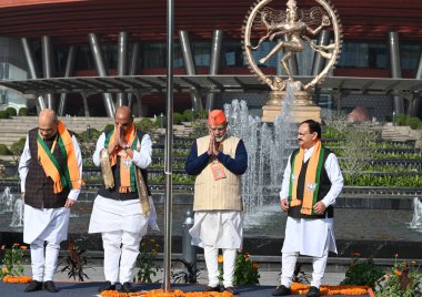 NEW DELHI INDIA FEBRUARY 17 2024 Prime Minister Narendra Modi with Home Minister Amit Shah Defence Minister Rajnath Singh and BJP national President J P Nadda during BJP National Convention at Bharat Mandapam Pragati Maidan on February 17 2024 in New clipart