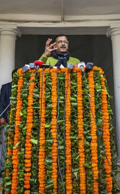 NEW DELHI INDIA FEBRUARY 19 2024 Delhi Chief Minister Arvind Kejriwal addresses a media Person after speaking in the Vidhan Sabha on February 19 2024 in New Delhi India Delhi Chief Minister Arvind Kejriwal has called for a trust vote in the assembly  clipart