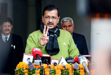 NEW DELHI INDIA FEBRUARY 19 2024 Delhi Chief Minister Arvind Kejriwal addresses a media Person after speaking in the Vidhan Sabha on February 19 2024 in New Delhi India Delhi Chief Minister Arvind Kejriwal has called for a trust vote in the assembly  clipart