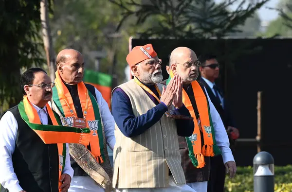 stock image NEW DELHI INDIA FEBRUARY 17 2024 Prime Minister Narendra Modi with Home Minister Amit Shah Defence Minister Rajnath Singh and BJP national President J P Nadda during BJP National Convention at Bharat Mandapam Pragati Maidan on February 17 2024 in New