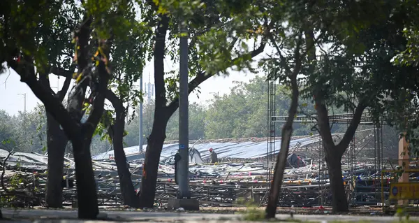 stock image NEW DELHI INDIA FEBRUARY 17 2024 NDRF along with the Delhi Police and fire department carries out rescue operations after a temporary structure collapsed inside JLN Stadium injuring several workers on February 17 2024 in New Delhi India The incident 