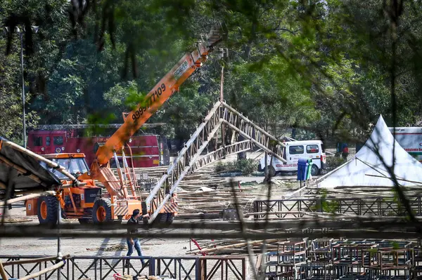 stock image NEW DELHI INDIA FEBRUARY 17 2024 NDRF along with the Delhi Police and fire department carries out rescue operations after a temporary structure collapsed inside JLN Stadium injuring several workers on February 17 2024 in New Delhi India The incident 