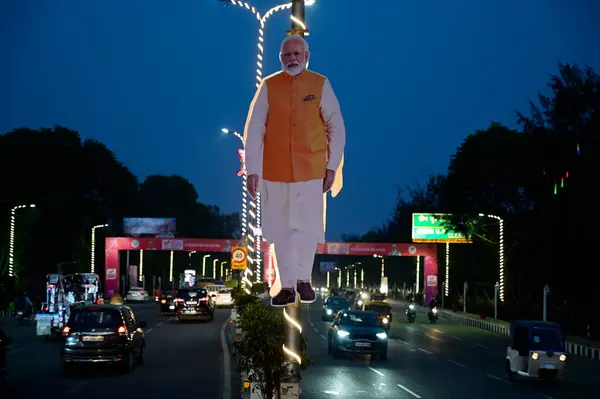 stock image LUCKNOW INDIA FEBRUARY 18 2024 Cutouts of Prime Minister Narendra Modi were installed in the city ahead of the groundbreaking ceremony 4 O on February 18 2024 in Lucknow India The event aims to lay the foundation for development projects totaling Rs 