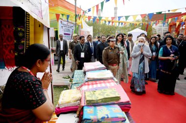 NOIDA INDIA FEBRUARY 20 2024 Uttar Pradesh governor Anandiben Patel visited the Saras Aajeevika Mela being held at Noida Haat sector 33A on February 20 2024 in Noida India Photo by Sunil Ghosh Hindustan Times  clipart