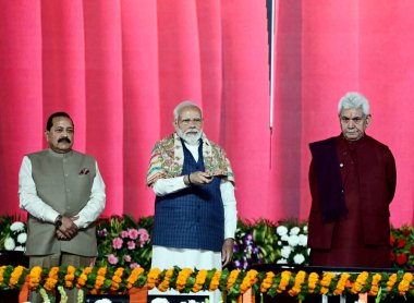 JAMMU INDIA FEBRUARY 20 2024 Prime Minister Narendra Modi along with Union Minister Jitendra Singh and Jammu and Kashmir Lieutenant Governor Manoj Sinha inaugurates several projects during a public rally at the Maulana Azad Stadium on February 20 202 clipart