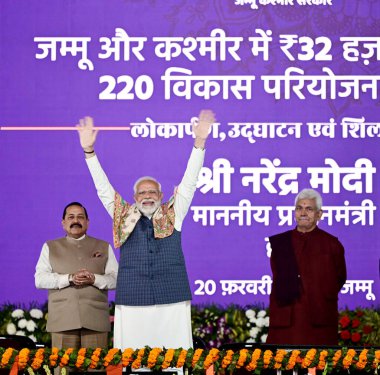 JAMMU INDIA FEBRUARY 20 2024 Prime Minister Narendra Modi along with Union Minister Jitendra Singh and Jammu and Kashmir Lieutenant Governor Manoj Sinha waves at a public rally at the Maulana Azad Stadium during which he inaugurated several projects  clipart