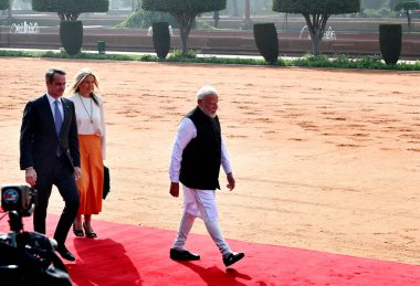 NEW DELHI INDIA FEBRUARY 21 2024 Prime Minister Narendra Modi with Prime Minister of Greece Kyriakos Mitsotakis and his wife Mareva GrabowskiMitsotaki during the latters ceremonial reception at the Rashtrapati Bhavan on February 21 2024 in New Delhi  clipart