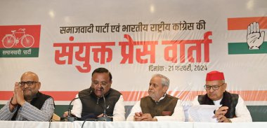 LUCKNOW INDIA FEBRUARY 21 2024 State president of Samajwadi Party Naresh Uttam Patel chief spokesperson Rajendra Chaudhary and Congress national general secretary Avinash Pande and Congress state president Ajay Rai joint press conference for INDIA al clipart