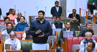 CHANDIGARH INDIA FEBRUARY 21 2024 Haryana deputy CM Dushyant Chautala speaking during 2nd day of Budget session at Haryana Vidhan Sabha on February 21 2024 in Chandigarh India Photo by Keshav Singh Hindustan Times  clipart