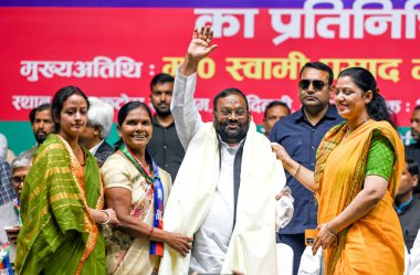 NEW DELHI INDIA FEBRURAY 22 2024 Former Samajwadi Party leader Swami Prasad Maurya with others during the launch of his new party Rashtriya Shoshit Samaj Party at Talkatora Stadium Photo by Raj K Raj Hindustan Times clipart