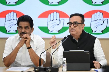 NEW DELHI INDIA FEBRURAY 22 2024 Congress leaders KC Venugopal along with Ajay Maken addresses a press conference over the seizure of Bank Accounts of Congress party at AICC Headquarters on February 22 2024 in New Delhi India The Congress accused the clipart