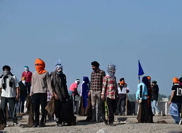 stock image AMBALA INDIA FEBRUARY 21 2024 Police action on agitated farmers at Shambhu Border of Punjab and Haryana onFebruary 21 2024 near Ambala India The situation at the PunjabHaryanas Shambhu and Khanauri state border points turned intense after a clash bet