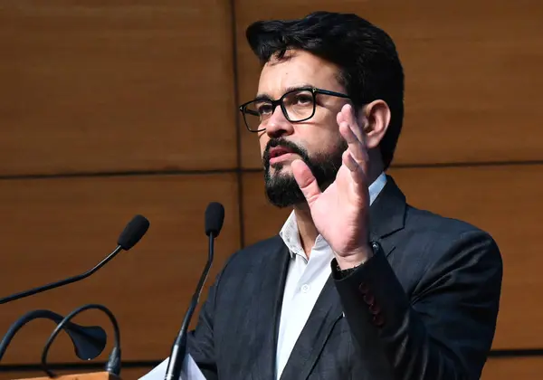 stock image NEW DELHI INDIA FEBRURAY 22 2024 Union Minister for IB Anurag Thakur speaks during the launch of online portals of the Central Bureau of Communication CBC Registrar of Newspapers of India RNI New Media Wing and Digital Addressable System DAS on Febru