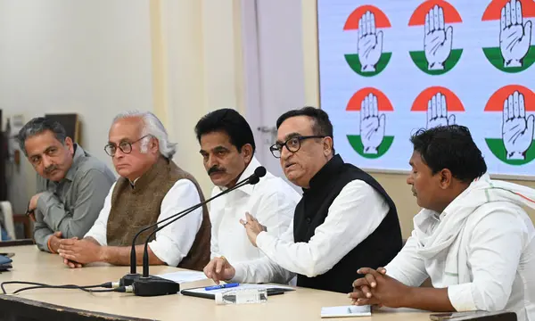 stock image NEW DELHI INDIA FEBRURAY 22 2024 Congress leaders Ajay Maken KC Venugopal Jairam Ramesh and other during a press conference at AICC Headquarters on February 22 2024 in New Delhi India The Congress accused the Narendra Modiled Union government and the