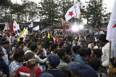 KOLKATA INDIA FEBRUARY 23 2024 Members of different Left Youth Students Organizations staged protest against Trinamool Congress TMC run State Government over violence against women at Sandeshkhali at Esplanade on February 23 2024 in Kolkata India Pho clipart