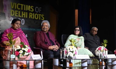 NEW DELHI INDIA FEBRUARY 24 2024 Nirmal Kaur Deepak Mishra Nupur J Sharma Justice SN Srivastava Retd during the fourth anniversary of the Delhi riots in 2020 a conference titled Justice for Delhi Riots 2020 2024 Prevention Rehabilitation  Compensatio clipart