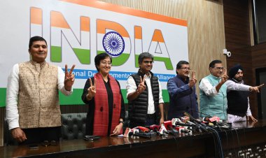 NEW DELHI INDIA FEBRUARY 24 2024 AAP leaders Saurabh Bhardwaj Atishi Sandeep Pathak and Congress party leaders Mukul Wasnik Incharge Delhi congress Deepak Babaria Delhi president Arvinder Singh Lovely allies in the INDIA alliance held a press confere clipart