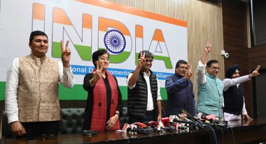 NEW DELHI INDIA FEBRUARY 24 2024 AAP leaders Saurabh Bhardwaj Atishi Sandeep Pathak and Congress party leaders Mukul Wasnik Incharge Delhi congress Deepak Babaria Delhi president Arvinder Singh Lovely allies in the INDIA alliance held a press confere clipart