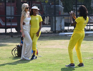 NEW DELHI INDIA FEBRUARY 24 2024 120 Miss World contestants playing cricket as part of the 71st Miss World Pageant the competition for the Miss World Sports Miss World Sportswoman title took place at the Major Dhyan Chand National Stadium on February clipart