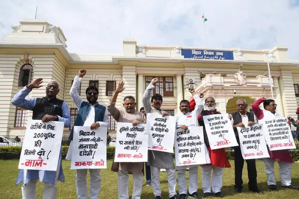 stock image PATNA INDIA FEBRUARY 23 2024 CPIML legislators demonstrating during Budget Session outside of Bihar Assembly on February 23 2024 in Patna India Photo by Santosh Kumar Hindustan Times