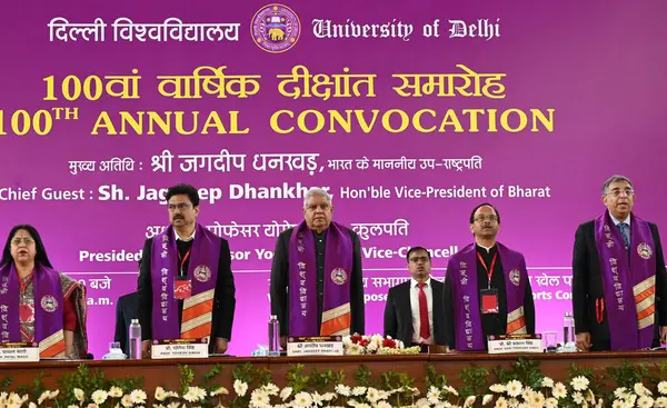 stock image NEW DELHI INDIA FEBRUARY 24 2024 Vice President Jagdeep Dhankhar with Delhi University ViceChancellor Yogesh Singh during the 100th convocation of the Delhi University to award medals and prizes to the meritorious students and confer the degrees at D