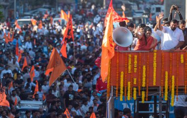 MUMBAI INDIA 25 FEBRUARY 2024 MLA T Raja Singh Thakur Telangana 'dan 25 Şubat 2024 tarihinde Hindistan' da Mira Road 'da bir miting başlattı.