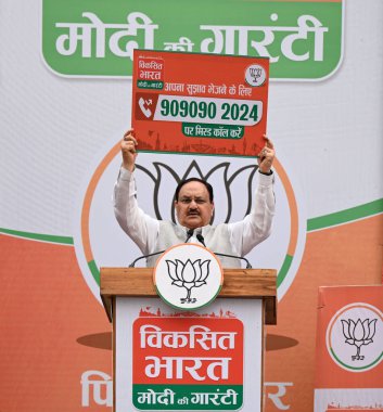 NEW DELHI INDIA FEBRUARY 26 2024 BJP National President JP Nadda launched resolution letter suggestion campaign and flags off the vehicles at BJP office ahead of 2024 general election on February 26 2024 in New Delhi India The Rath Yatra is to highli clipart