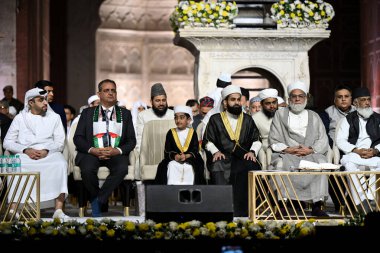 NEW DELHI INDIA FEBRUARY 25 2024 Shahi Imam of Jama Masjid Syed Ahmed Bukhari declares his son Syed Usama Shaban Bukhari successor during a Dastarbandi ceremony on the 15th night of Shaaban Islamic Month at Jama Masjid on the late night on February 2 clipart