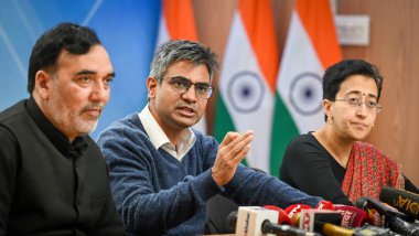 NEW DELHI INDIA FEBRUARY 27 2024 AAP senior leaders PAC members Sandeep Pathak and Delhi union ministers Gopal Rai and Atishi Marlena during the press conference as they announce the name of candidates for Loksabha seat after the PAC meeting at CM Ho clipart