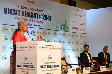 NEW DELHI INDIA FEBRUARY 27 FEBRUARY 27 2024 Maliye Bakanı Nirmala Sitharaman ulusal kongre Viksit Bharat2047 2024 Viksit Bharat Industry 'ye sesleniyor ShangriLa Eros Janpath Otel' de