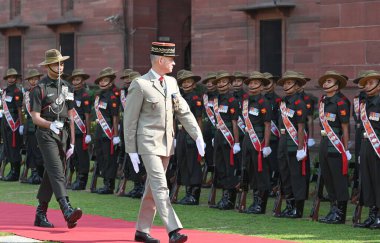 NEW DELHI INDIA FEBRUARY 27 2024 French Army Chief General Pierre Schill inspects the guard of honour during his ceremonial reception at the South Block on February 27 2024 in New Delhi India Photo by Sanjeev Verma Hindustan Times clipart