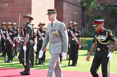 NEW DELHI INDIA FEBRUARY 27 2024 French Army Chief General Pierre Schill inspects the guard of honour during his ceremonial reception at the South Block on February 27 2024 in New Delhi India Photo by Sanjeev Verma Hindustan Times clipart