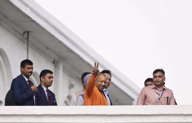 LUCKNOW INDIA FEBRUARY 27 2024 Uttar Pradesh Chief Minister Yogi Adityanath shows vicoty sign after cast his vote in the Rajya Sabha elections on February 27 2024 in Lucknow India BJP party won 8 of the 10 Rajya Sabha seats in the Uttar Pradesh The S clipart