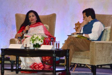 MUMBAI INDIA FEBRUARY 27 2024 Former assistant secretarygeneral at the UN and Ambassador Lakshmi Murdeshwar Puri along with Indian poet and Critic Ranjit Hoskote during the book launch Swallowing the Sun on February 27 2024 in Mumbai IndiaPhoto by Bh clipart