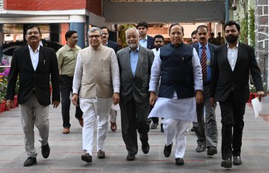 NEW DELHI INDIA FEBRUARY 28 2024 BJP delegation lead Minister of Railways and Electronics  Information Technology Ashwini Vaishnaw along with BJP National General Secretary and Rajya Sabha MP Arun Singh BJP National General Secretary Om Pathak Leave  clipart