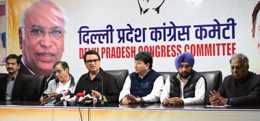 NEW DELHI INDIA FEBRUARY 28 2024 Delhi State President Arvinder Singh Lovely and Congress General Secretary Delhi incharge Deepak Babaria Manifesto Committee Chairman former State President Ch Anil Kumar former Delhi Government Minister Harun Yusuf a clipart