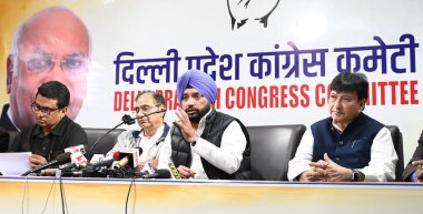 NEW DELHI INDIA FEBRUARY 28 2024 Delhi State President Arvinder Singh Lovely and Congress General Secretary Delhi incharge Deepak Babaria Manifesto Committee Chairman former State President Ch Anil Kumar former Delhi Government Minister Harun Yusuf a clipart