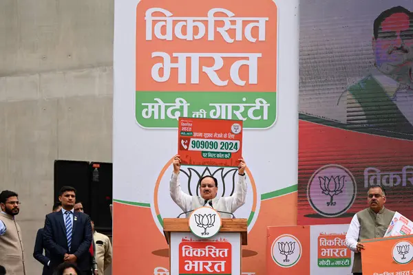 stock image NEW DELHI INDIA FEBRUARY 26 2024 BJP National President JP Nadda launched resolution letter suggestion campaign and flags off the vehicles at BJP office ahead of 2024 general election on February 26 2024 in New Delhi India The Rath Yatra is to highli