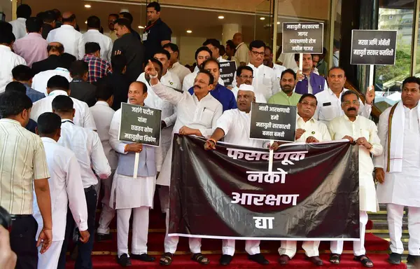 stock image MUMBAI INDIA FEBRUARY 26 2024 Opposition party MLAs and MLCs protested demanding the Maratha reservation as per Manoj Jarange Patils demand during the first day of the Maharashtra Assembly Budget Session at Vidhan Bhavan Nariman Point on February 26 