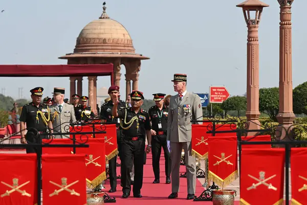 stock image NEW DELHI INDIA FEBRUARY 27 2024 French Army Chief General Pierre Schill stand with his Indian counterpart General Manoj Pande during his ceremonial reception at South Block Central secretariat on February 27 2024 in New Delhi India Photos by Salman 