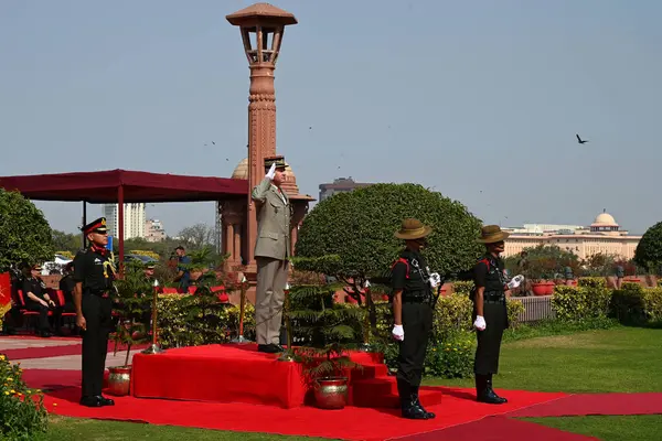 stock image NEW DELHI INDIA FEBRUARY 27 2024 French Army Chief General Pierre Schill inspects the guard of honour during his ceremonial reception at South Block Central secretariat on February 27 2024 in New Delhi India Photos by Salman Ali Hindustan Times