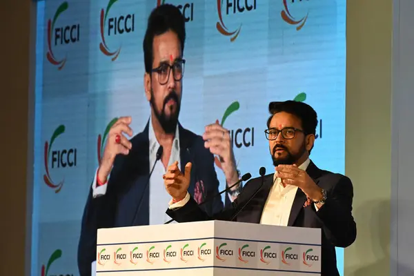 stock image NEW DELHI INDIA FEBRUARY 27 2024 Minister of Information Broadcasting and Sports Youth Affairs Anurag Thakur addressing the national conclave Viksit Bharat2047 2024 Viksit Bharat Industry at Hotel ShangriLa Eros Janpath