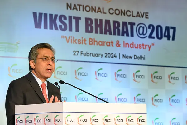 stock image NEW DELHI INDIA FEBRUARY 27 2024 President FICCI Dr Anish Shah addressing the national conclave Viksit Bharat2047 2024 Viksit Bharat Industry at Hotel ShangriLa Eros Janpath Photo by Sonu Mehta Hindustan